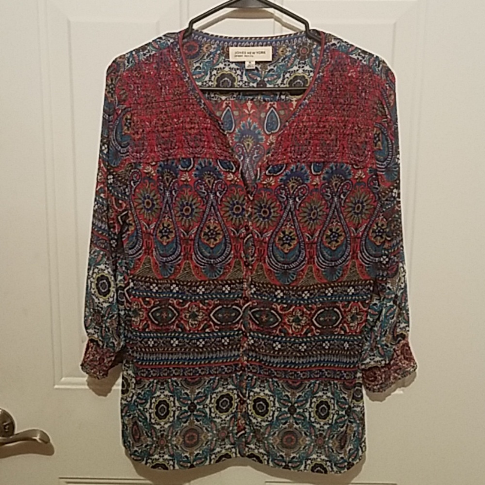 Jones NY PL Paisley button-down sheer blouse